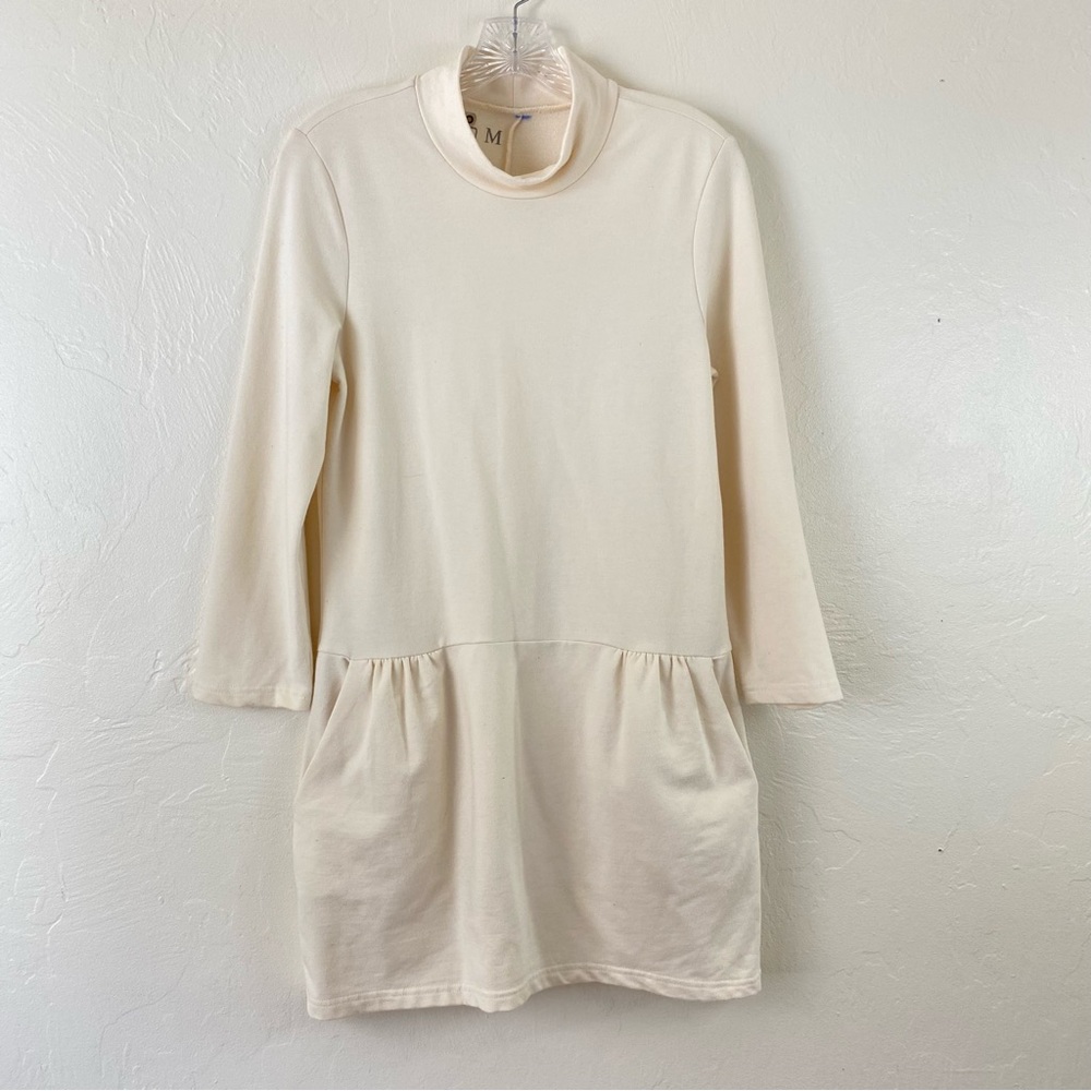 Free People Size Medium Ivory Cotton Knit Mock Neck Full Sleeve Mini Tunic Dress